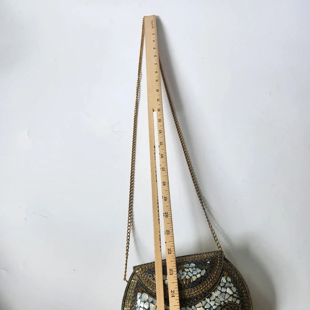 Vintage Handmade Brass Mother of Pearl Mosaic Crossbody Clutch Purse Bohemian